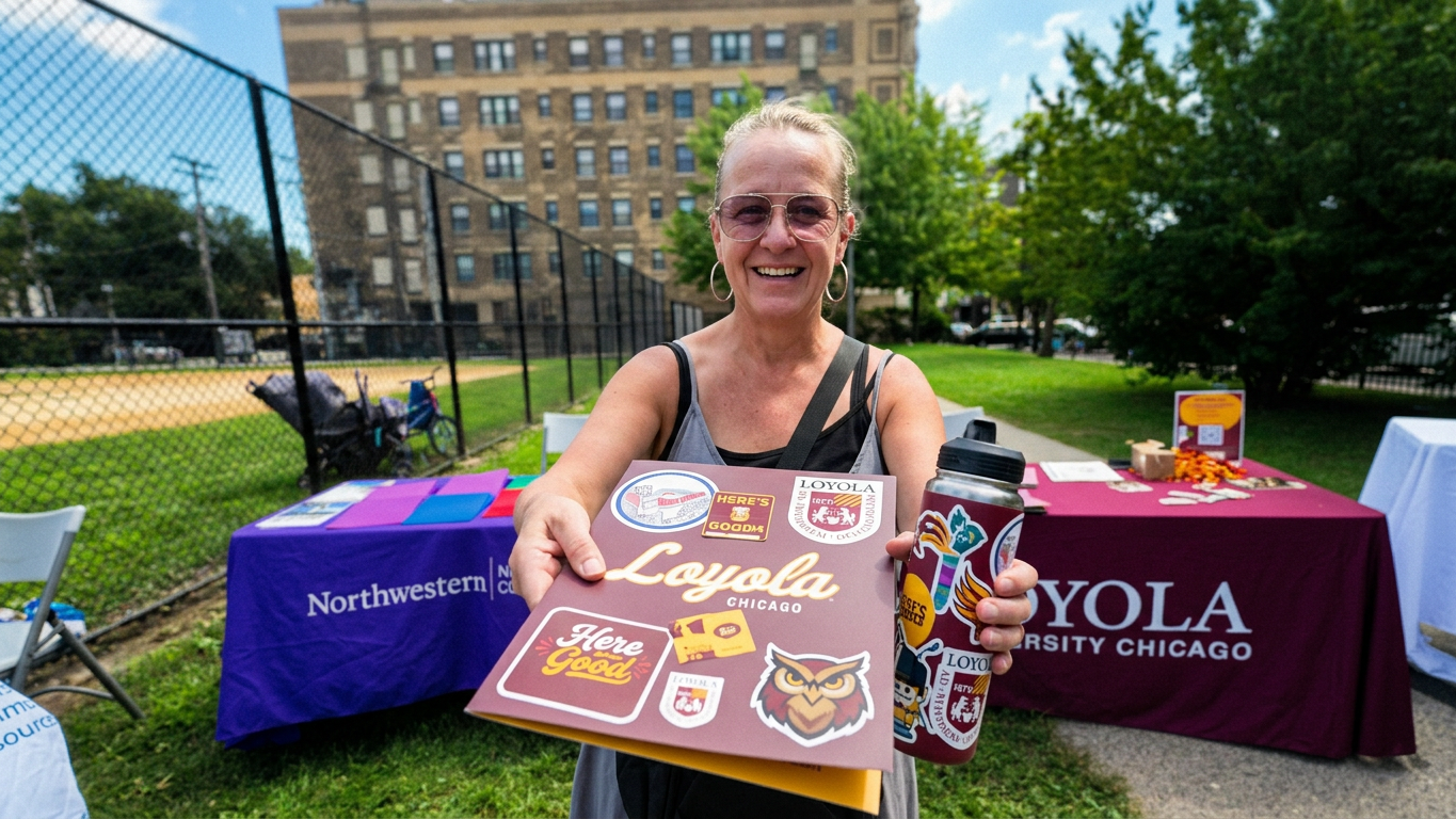 woman holding Loyola folder with stickers